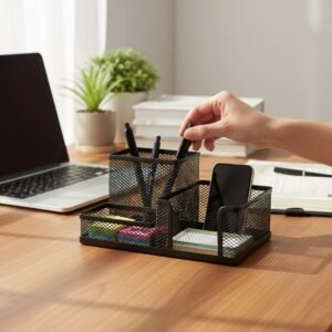Black mesh 3 compartment iron pen stand desk organizer with pens and phone